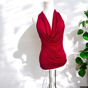 Y2K Red Halter Drape Top w/ Silver Ring Back | Retro Clubwear Tank goth glam M